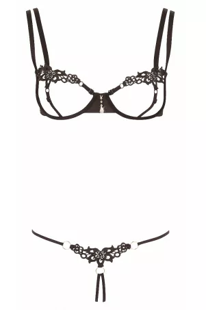 Lace set open thong and black bare tits