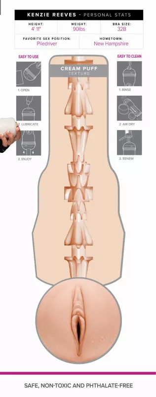 Produktinfografik mit Maßen von Fleshlight Creampuff
