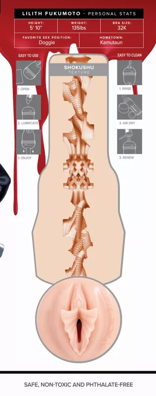 Fleshlight Lilith Fukumoto – Infografik mit Maßen der Figur