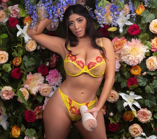 Violet Myers holding her Fleshlight