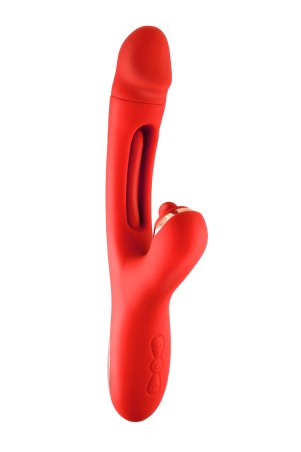Vibratore rabbit Joyfully rosso Yoba visto di fronte con doppia stimolazione