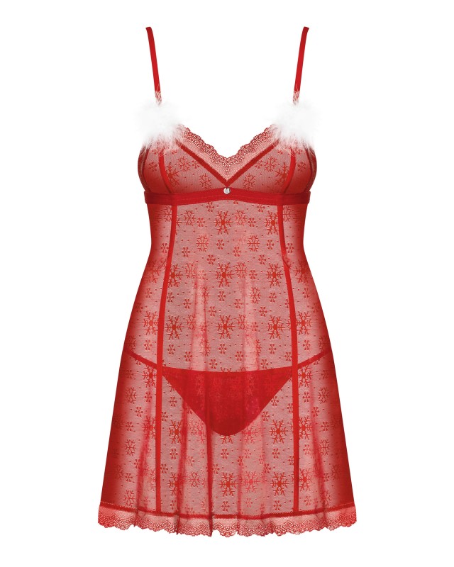 Babydoll Claussica rossa – vista frontale su fondo bianco, motivo fiocco di neve