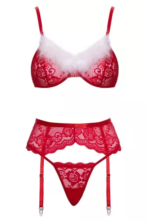 Ensemble jarretelles 3 pièces Cottelli X-Mas rouge sur fond blanc – vue de face