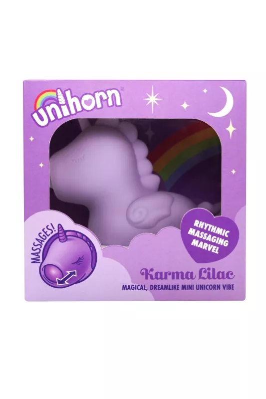 Karma Lilac Unihorn unicorn vibrator in its packaging Karma Lilac Unihorn unicorn vibrator in its packaging