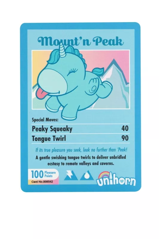 Collectible card of Mount’n Peak Unihorn, pastel blue with golden details