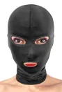 BDSM hood black Fetish Tentation – front view with eye and mouth openings