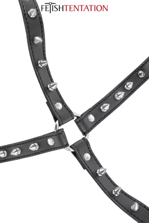 close-up of central buckle of Fetish Tentation black faux leather chest harness