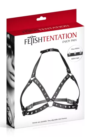 Verpackung des Fetish Tentation Brust-Harness für Frauen, schwarze und silberne Box