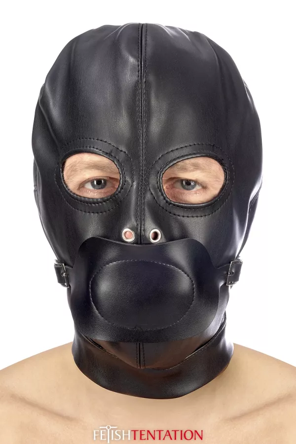 Leatherette BDSM bonnet with removable gag
