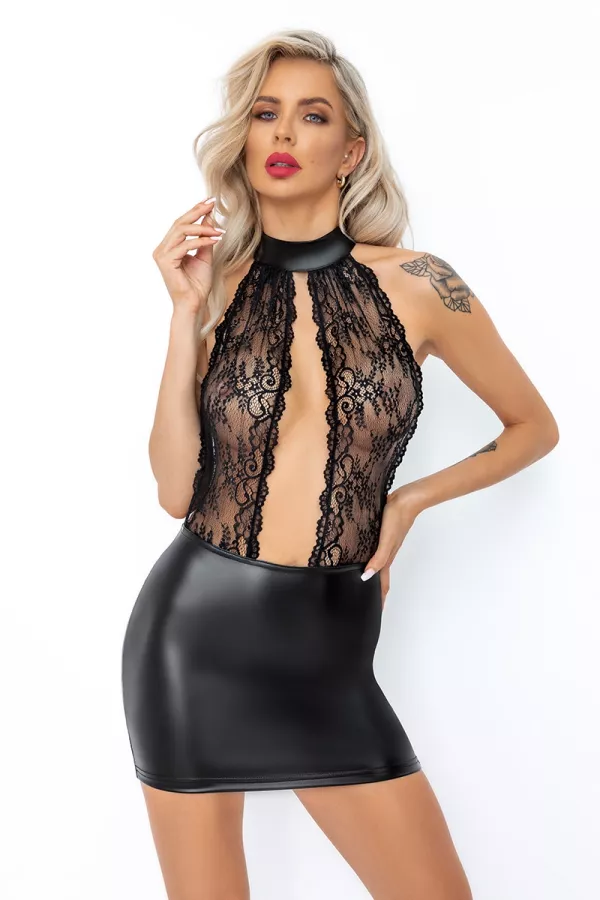 Robe courte wetlook et dentelle F279 Robe courte wetlook et dentelle F279